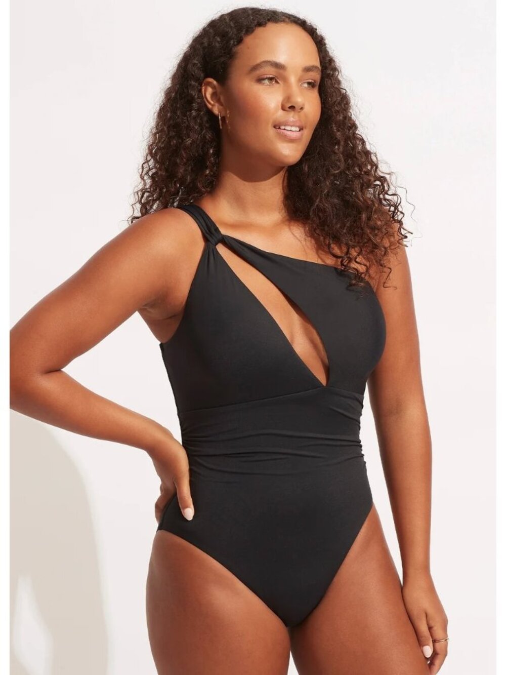 NWOT Seafolly Womens Collective One Shoulder Black One-Piece Swimsuit Sz 10 Rec